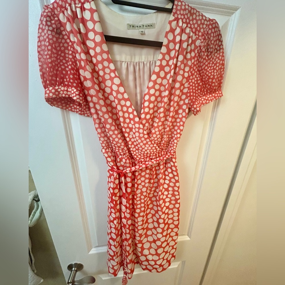 Trina Turk Red polka dot chiffon wrap dress. Side zip. Great used condition.